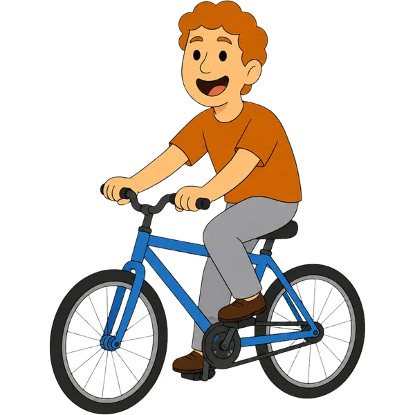 Finn, the Wakeup Buddy character, riding a bicycle