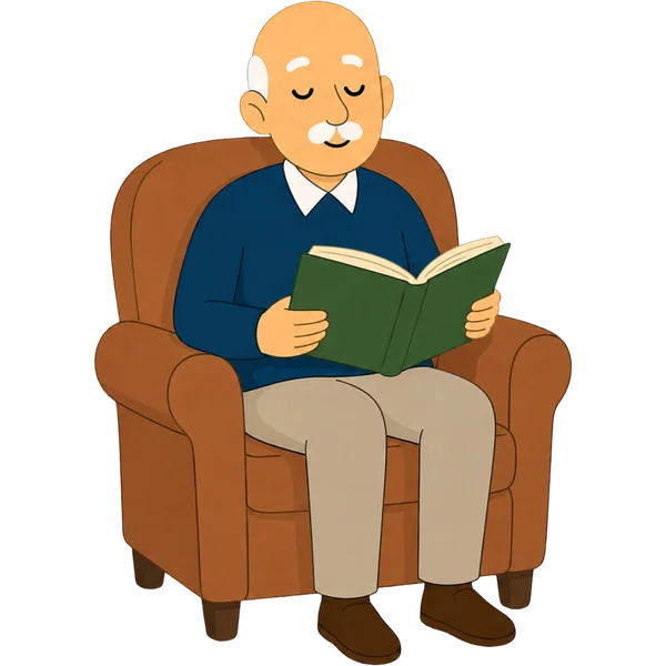 Walter, the Wakeup Buddy character, reading a book