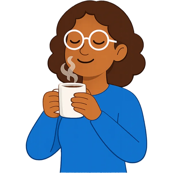 Whitney, the Wakeup Buddy character, holding a cup of coffee